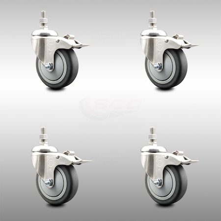Service Caster 4 Inch 316SS Thermoplastic Rubber Swivel 12mm Stem Caster Set Lock Brake SCC SCC-SS316TSTTL20S414-TPRB-M1215-4